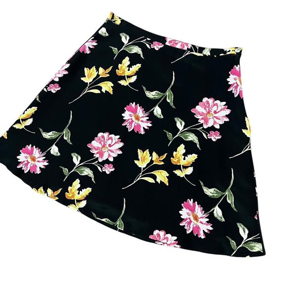 VTG 90s Petite Sophisticate Black & Pink Whimsical Floral Silk Midi Skirt 10/M - Picture 2 of 7